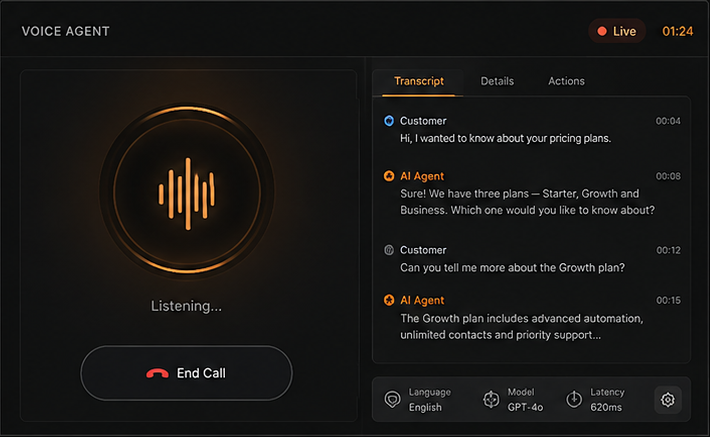 AI voice agent live call screen with a transcript of the conversation