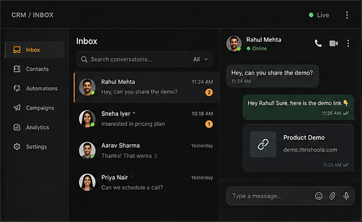 WhatsApp CRM inbox showing conversations and a chat with a shared product demo link